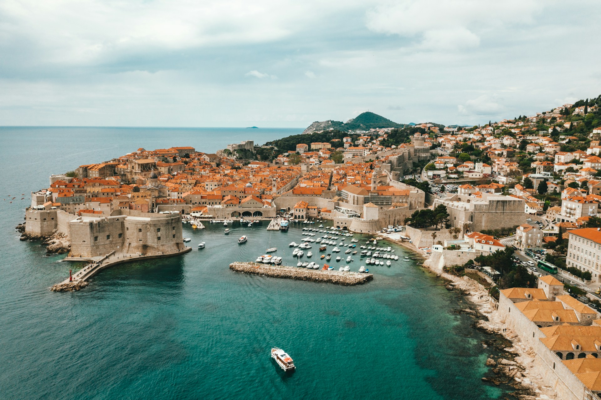 Drone view of a port in Dubrovnik, Croatia.