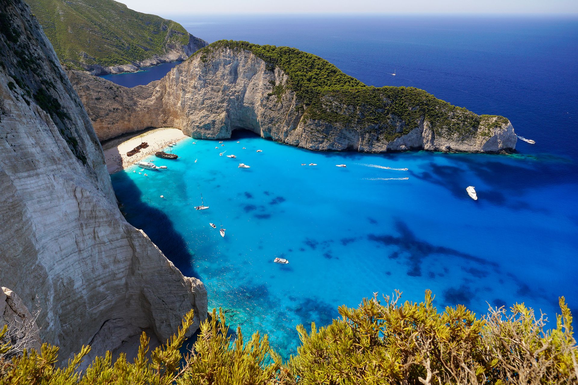 Cove with old wooden ship ashore in Zakynthos, Greece.